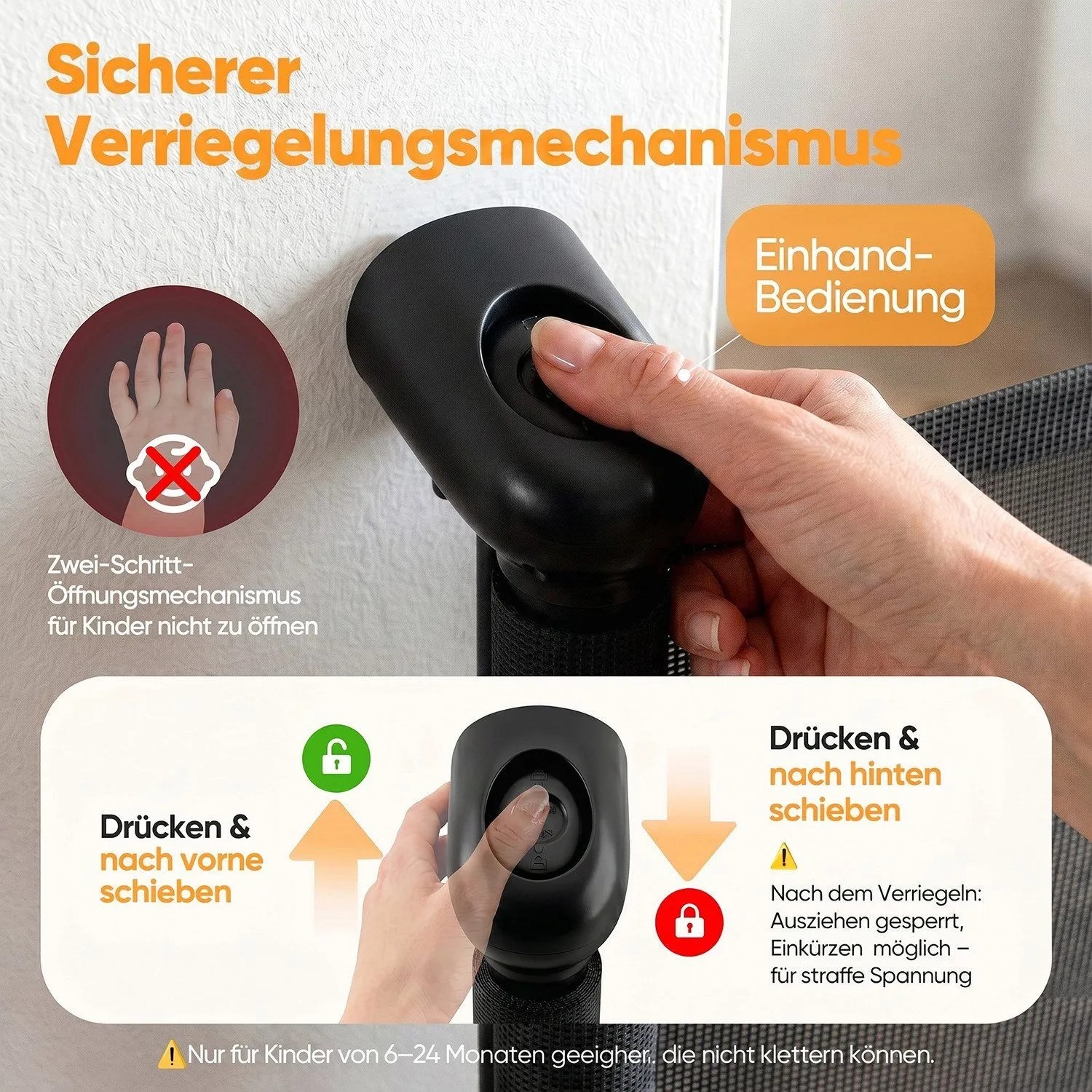 Schwarzer Verriegelungsmechanismus des Sekey Treppenschutzgitters, Einhandbedienung, kindersicherer Verschluss.