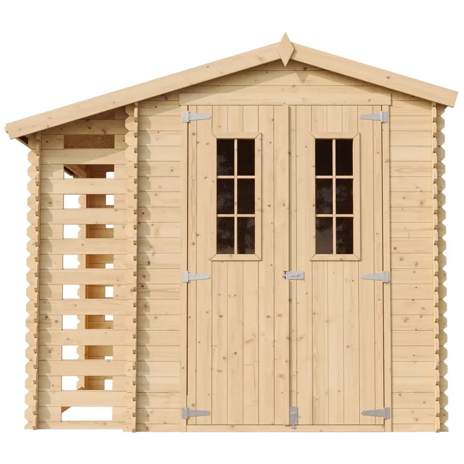 Timbela Holz-Gartenhaus M386C mit Brennholzregal, 4,5 m², unbehandeltes Holz, Doppeltür mit Fenster.