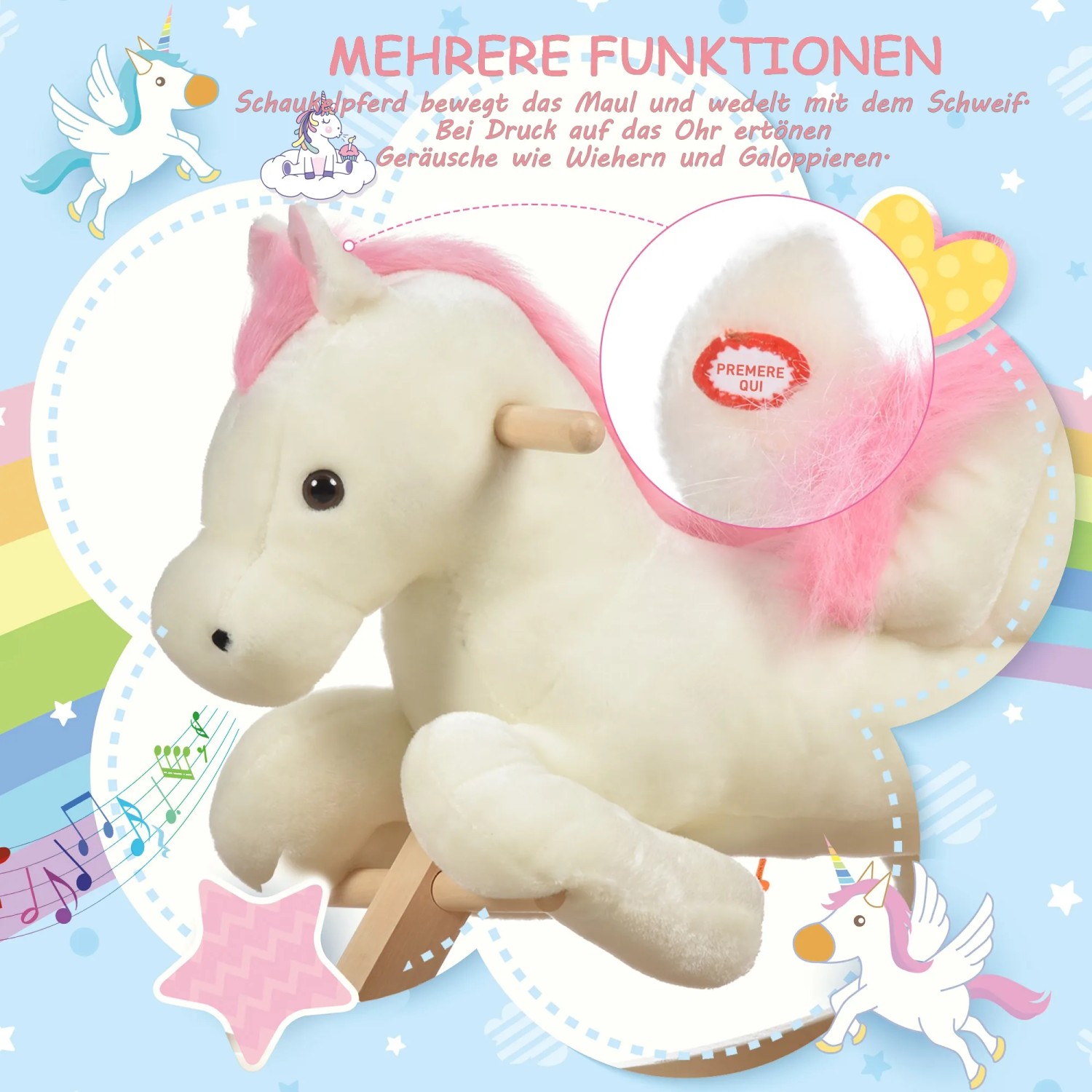 HOMCOM Schaukelpferd mit Soundeffekten und Griffen, weiß mit rosa Mähne.