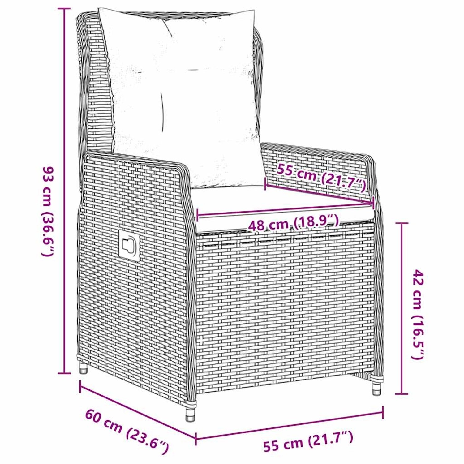Skizze eines schwarzen vidaXL Gartenstuhls aus Rattan mit Maßen.
