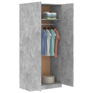 Offener Kleiderschrank in Betongrau (90x52x200 cm) mit Kleidung und Ablagefächern.