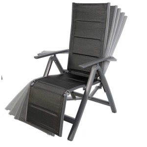 Verstellbarer, anthrazitfarbener Gartensessel aus Aluminium und Textil mit hochklappbarer Fußstütze.