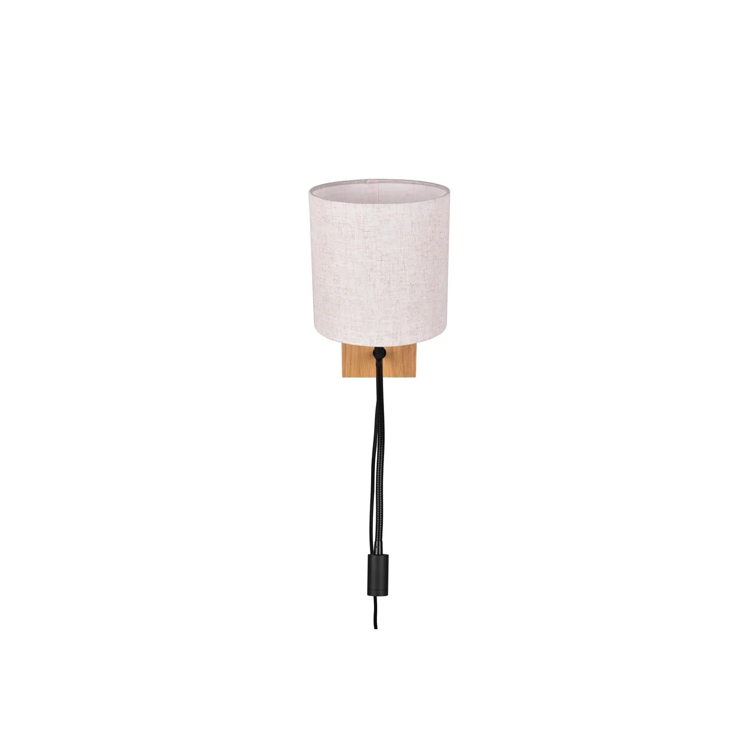 Trio LED-Wandleuchte Nilam mit Stoffschirm, Holzsockel und schwarzem Kabel.