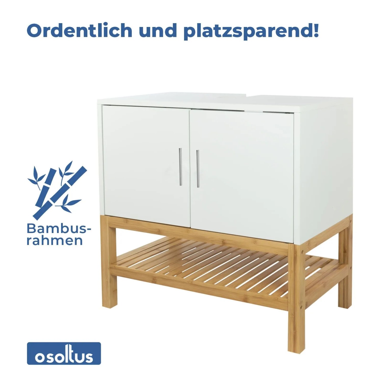 Weißer osoltus Waschbeckenunterschrank Osaka mit zwei Türen, Bambusrahmen und Ablage. Ideal für Badezimmer.