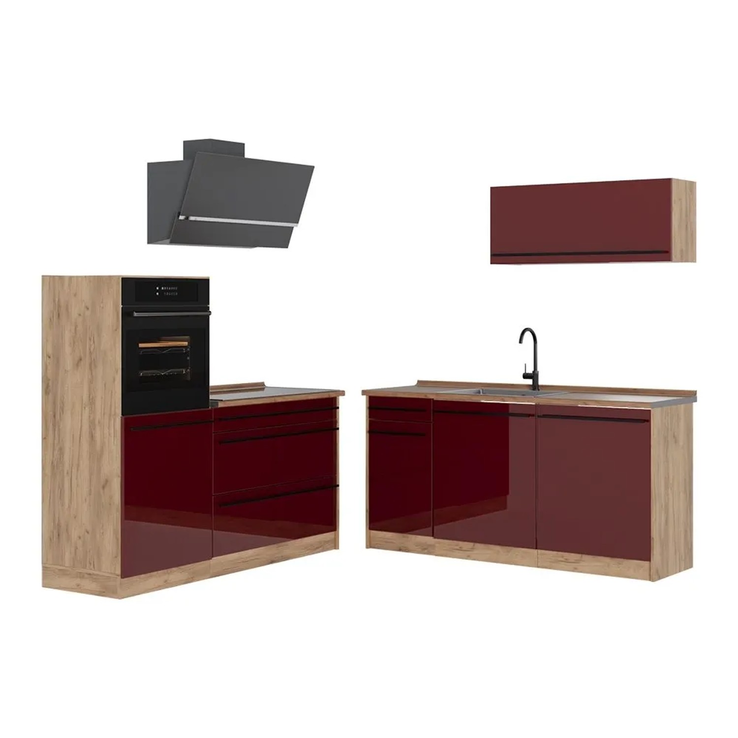 Vicco Küchenzeile R-Line Rot Hochglanz/Goldkraft Eiche 160 x 143 Arbeitsplatte Goldkraft Eiche Art Nr 66135