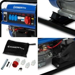 EBERTH Notstromaggregat 5500W: 3-Phasen Stromerzeuger mit Anschlüssen und Zubehör.