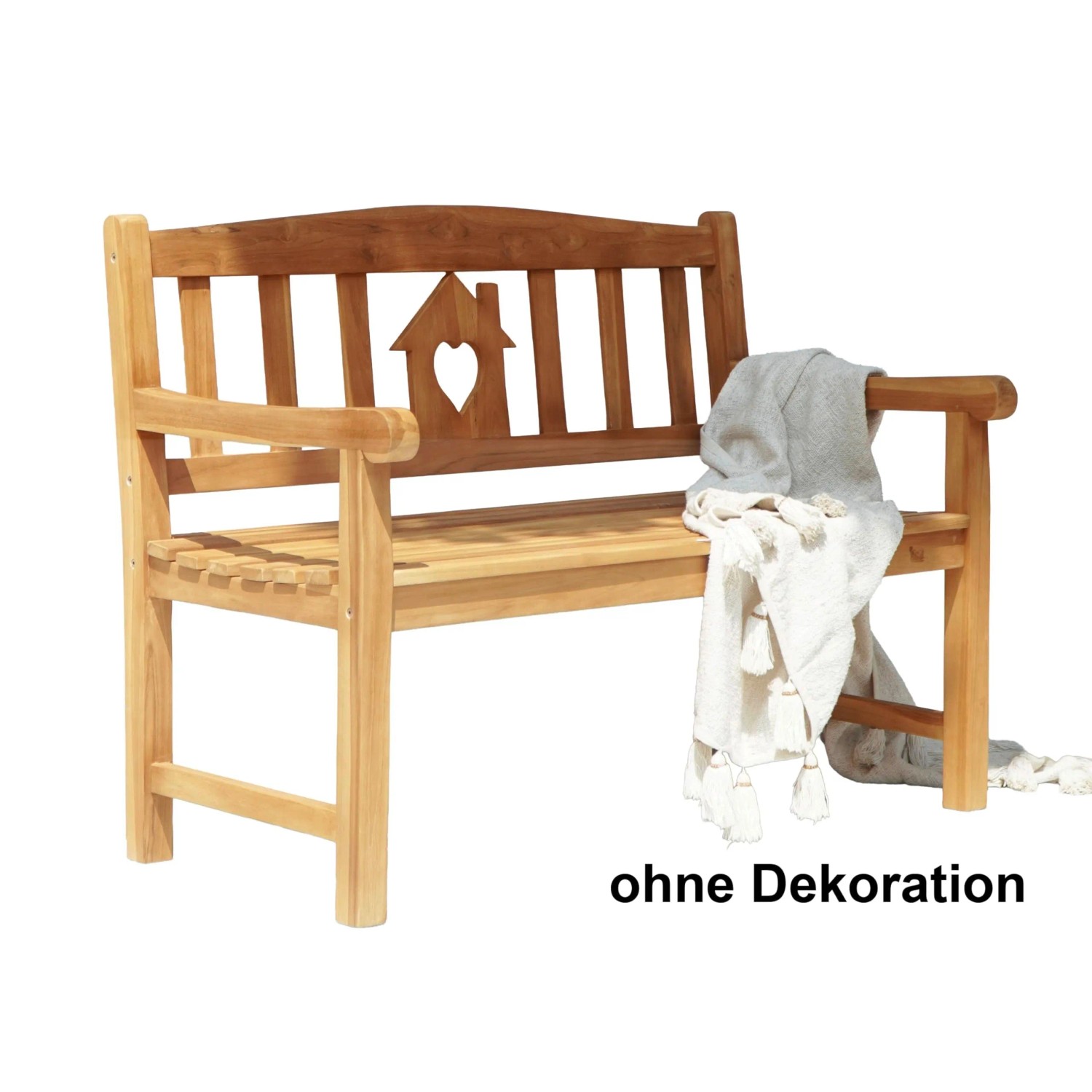 DELUKE Gartenbank OLENA 2-Sitzer Haus Herz 120cm Breit Teak Natur Terrassenbank Wetterfest Sitzbank Outdoor Bank