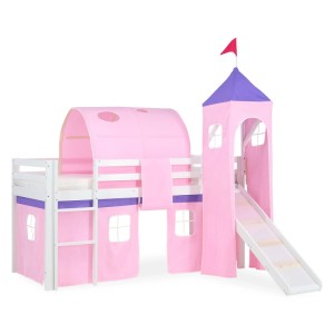 Weißes Hochbett 90x200 mit rosa Vorhang, Tunnel, Rutsche und Turm. Kinderbett aus Kiefernholz für Spiel und Schlaf.