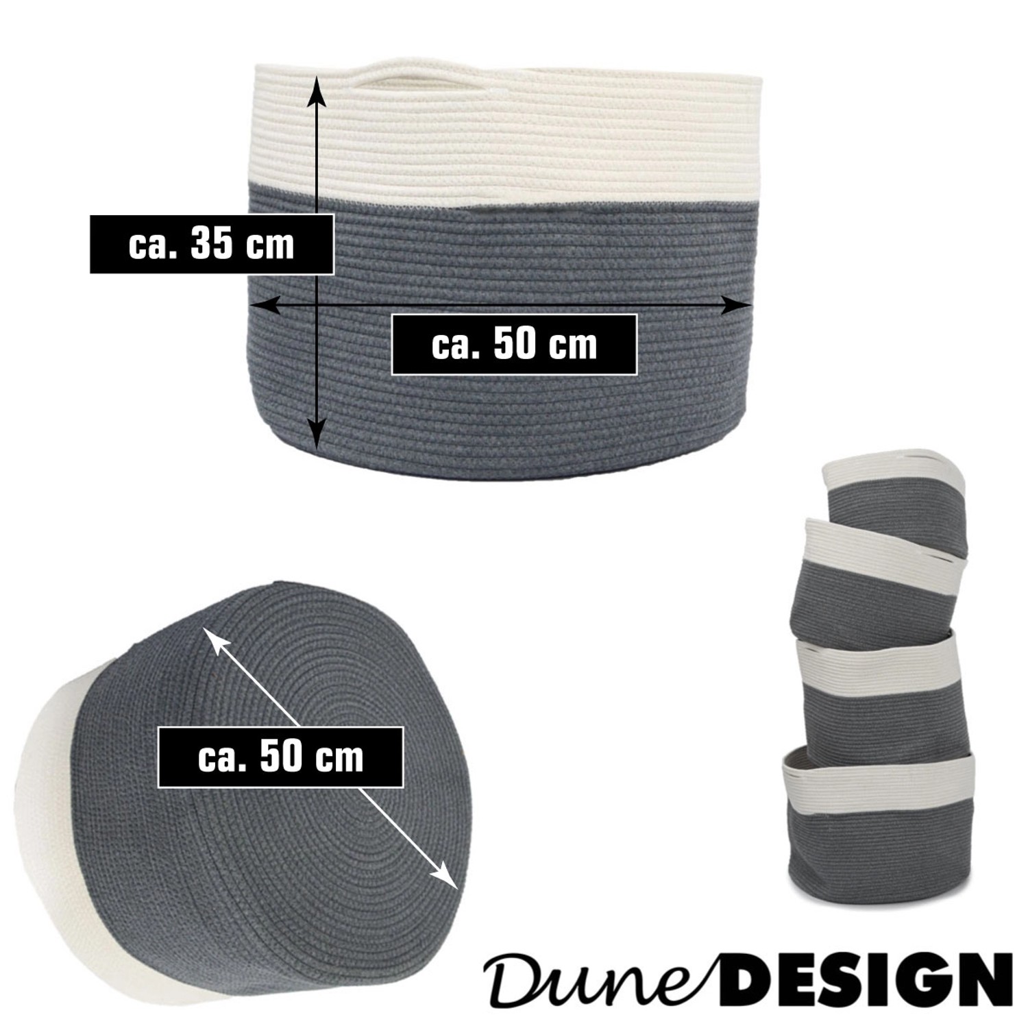 DuneDesign XXL Aufbewahrungskorb, Baumwolle, 60 Liter, grau/weiß, ca. Ø 50x35 cm. Ideal für Aufbewahrungsboxen.