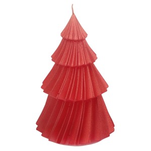 Rote Tannenbaumkerze mit gefalteter Oberfläche. Elegante Stumpenkerze für festliche Weihnachtsdekoration.