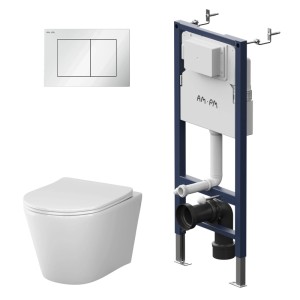 AM.PM WC Komplettset: Weißes Wand-WC, Vorwandelement mit Spülkasten und silberne Drückerplatte.