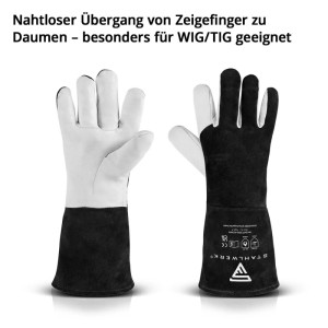 Zwei STAHLWERK Schweißerhandschuhe aus Echtleder, schwarz-weiß, mit langem Hitzeschutz. Nahtloser Übergang für präzises WIG/TIG Schweißen.