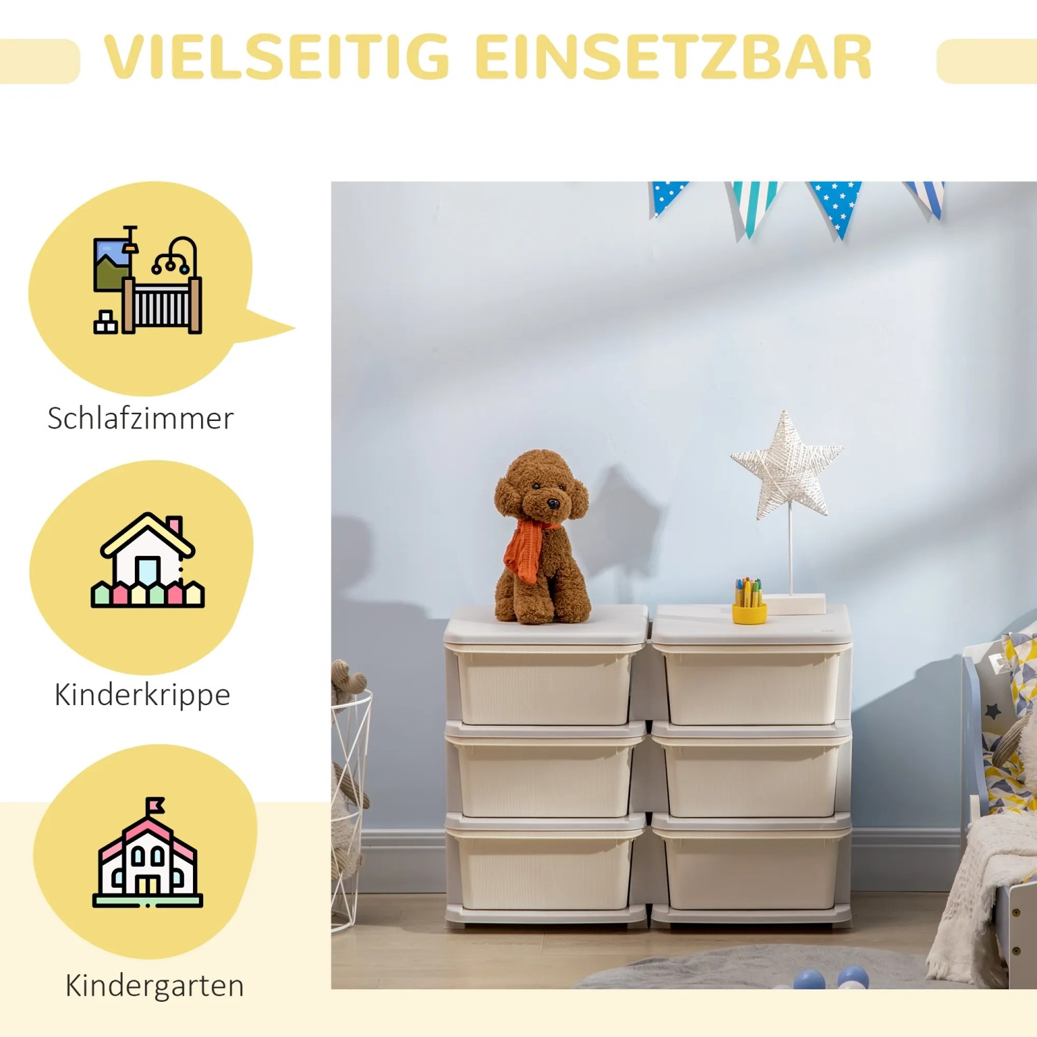 HOMCOM Schubladenschrank für Kinder, beige, mit sechs Schubladen für Spielzeug und Aufbewahrung.