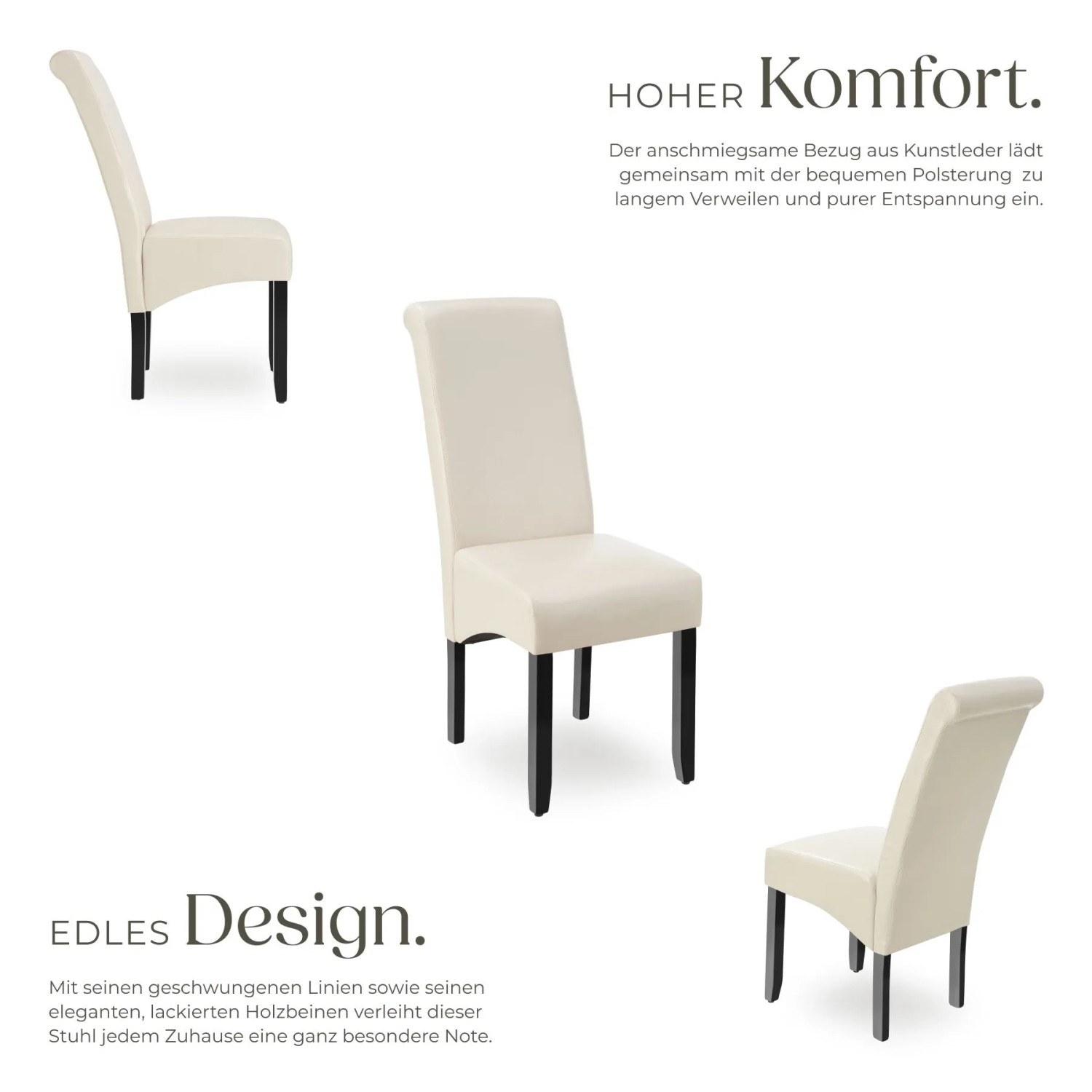 4er Set Tectake Esszimmerstühle, creme, mit Kunstlederbezug und hoher Rückenlehne.
