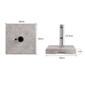 Sekey Betonschirmständer, rechteckig, aus Granit, mit Edelstahlrohr und Maßangaben.