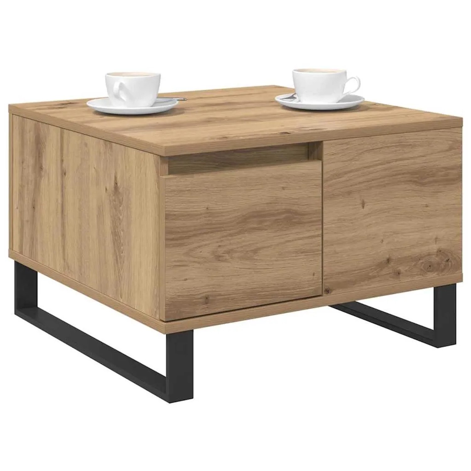 Quadratischer Couchtisch Artisan Eiche mit Schublade und schwarzen Metallfüßen.