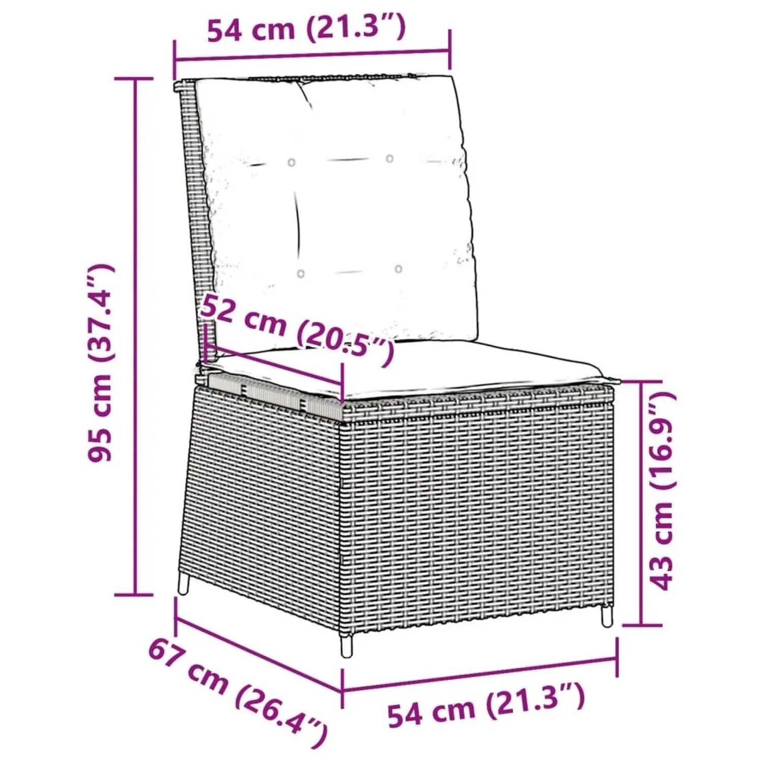 Brauner Poly Rattan Gartensessel mit Liegefunktion, cremeweißen Kissen und Maßen in Sitzposition: 54x67x95 cm.