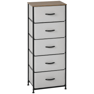 Graue HOMCOM Kommode mit 5 Stoffschubladen und Holzplatte. Sideboard für Schlafzimmer und Wohnzimmer.