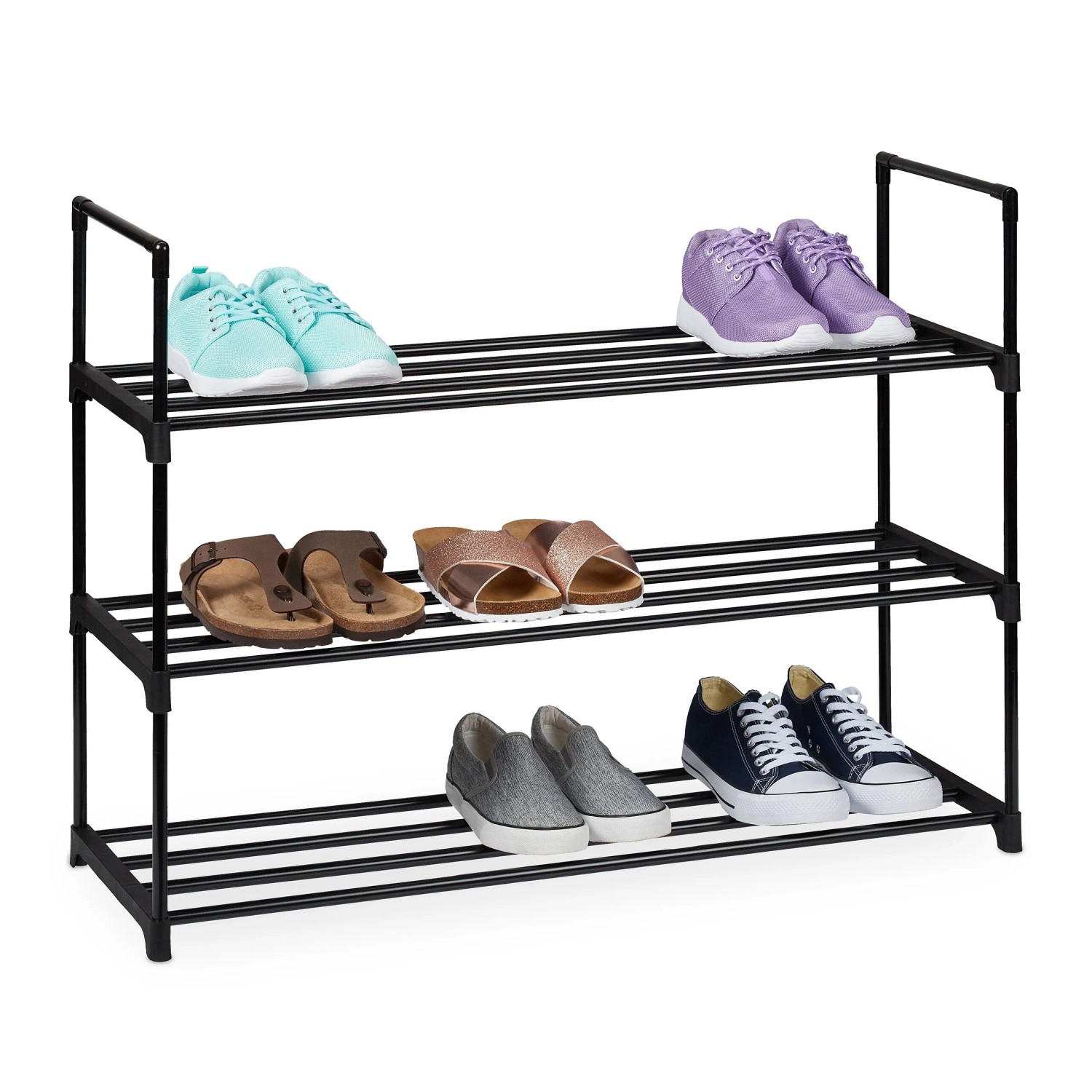 Relaxdays Schuhregal Metall Schwarz Stapelbar Stecksystem 3 Ebenen 55 cm x 92 cm x 30 cm