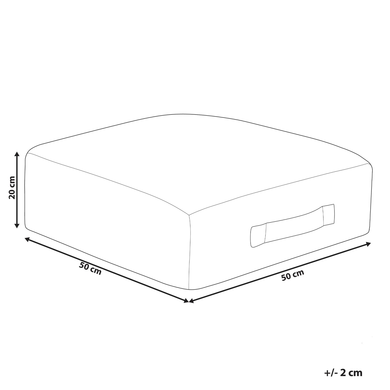 Technische Zeichnung: Quadratisches Beliani Bodenkissen SHASA 50x50x20 cm mit Maßen und Griff.