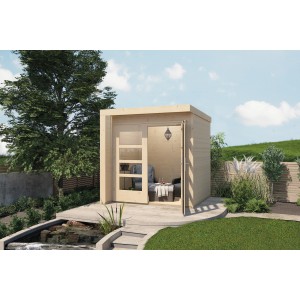 Weka Holz-Gartenhaus mit Flachdach, unbehandelt, 214x215 cm, im Garten.