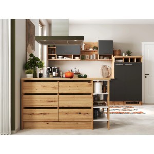 Moderne graue Respekta Inselküche Hilde, 310 cm breit, mit Kochfeld, Backofen und Spüle.