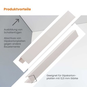 Weißes Protektor Einfassprofil aus PVC für 12,5mm Gipskartonplatten, geeignet für Schattenfugen.