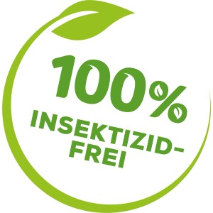 Solabiol: Logo "100% Insektizid-frei" mit Blatt-Symbol im grünen Kreis.