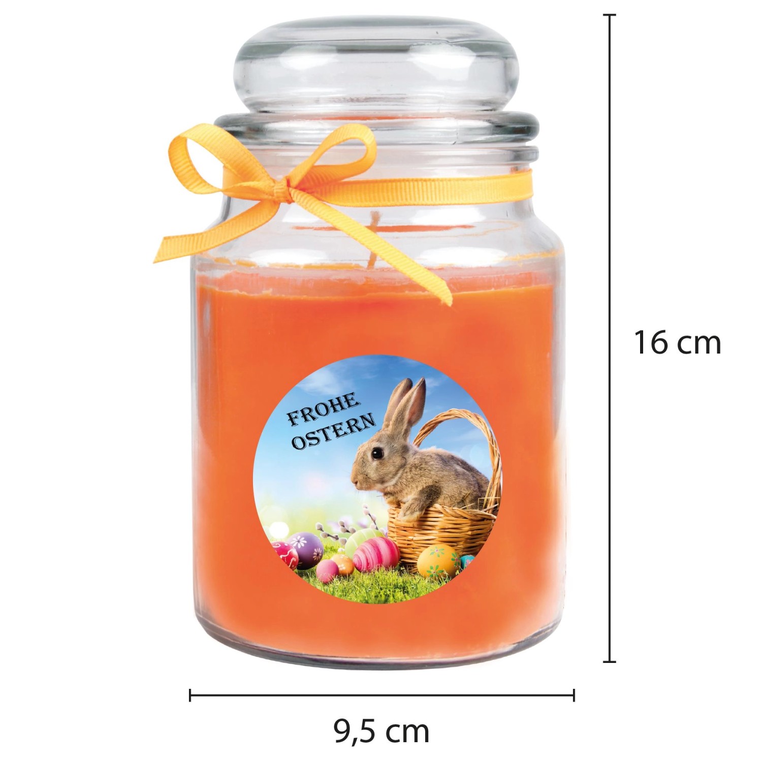 Orangefarbene Duftkerze im Glas mit Osterhase und Schleife, 110h Brenndauer.