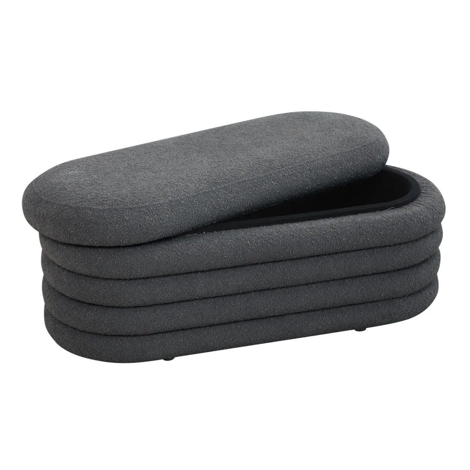 Dunkelgrauer Svita Blossom XL Hocker mit Stauraum und Teddybouclé Bezug, Deckel geöffnet.