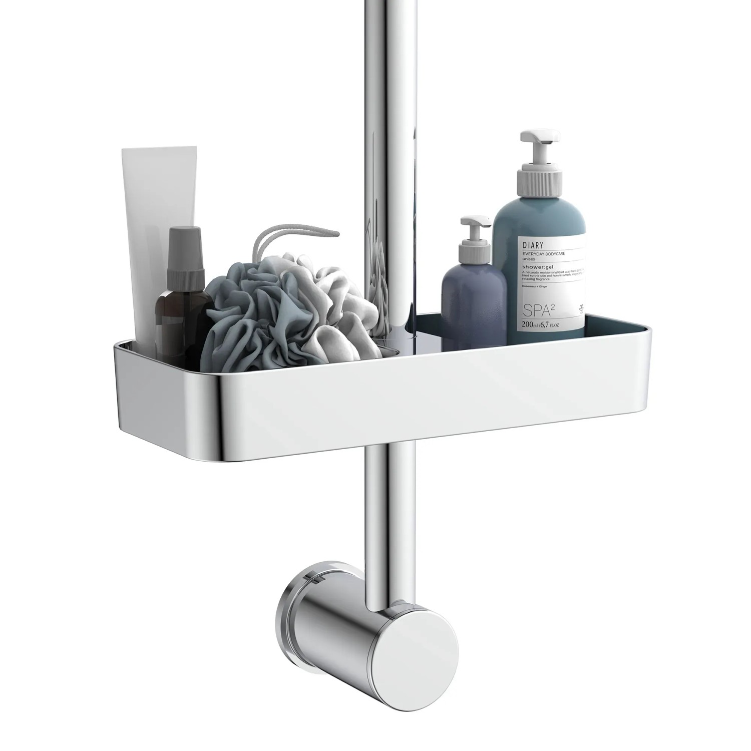 Schütte Duschablage Chrom für Brausestange mit Pflegeprodukten.