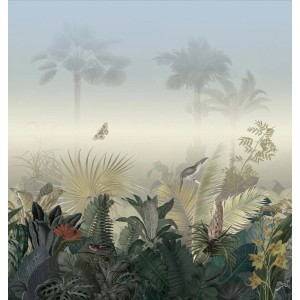 Bricoflor Regenwald Tapete mit Dschungelmotiv, Palmen, Vögeln und Schmetterlingen.