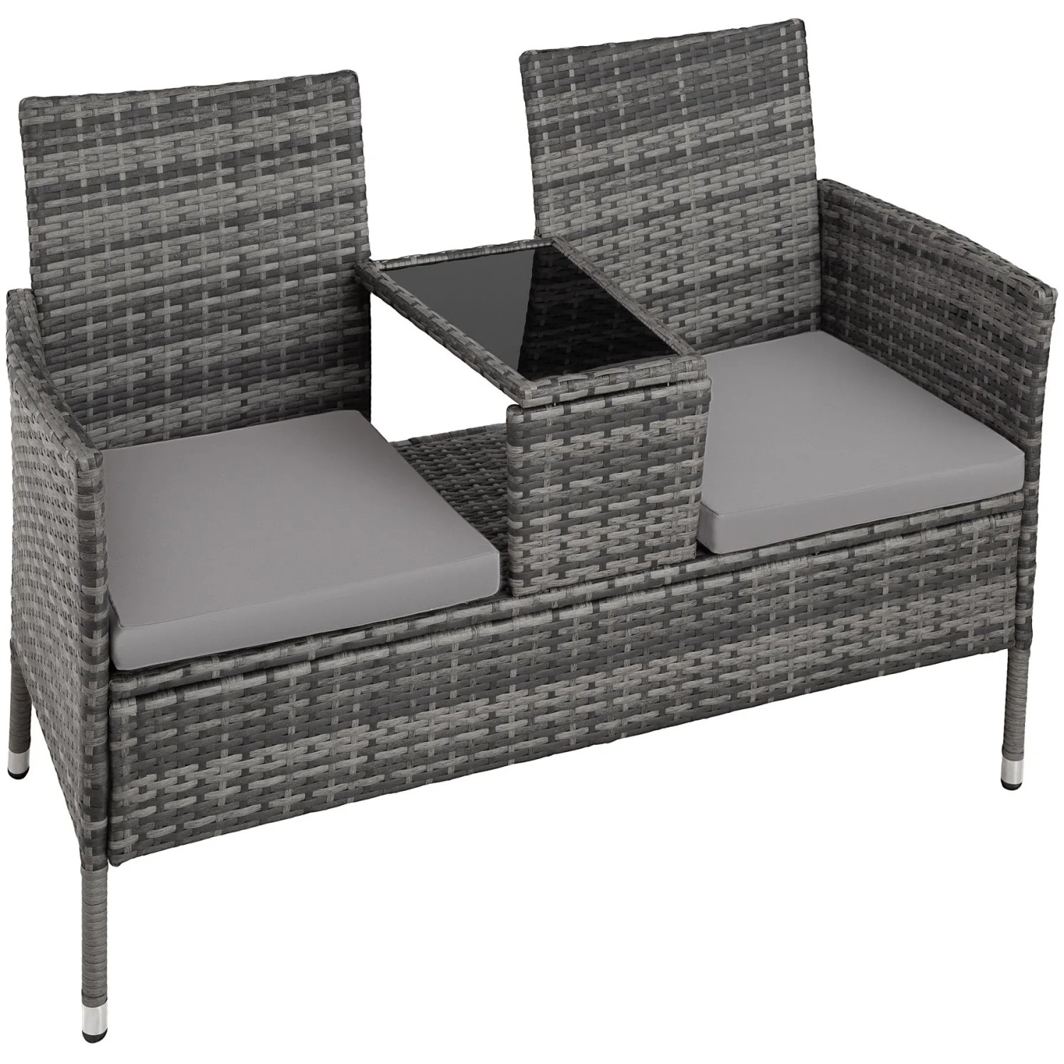 Tectake Rattan Gartensitzbank Narbonne 2 Sitzer  133 x 63 x 84 cm Wetterfest  131 x 61 x 82 cm Grau Hellgrau