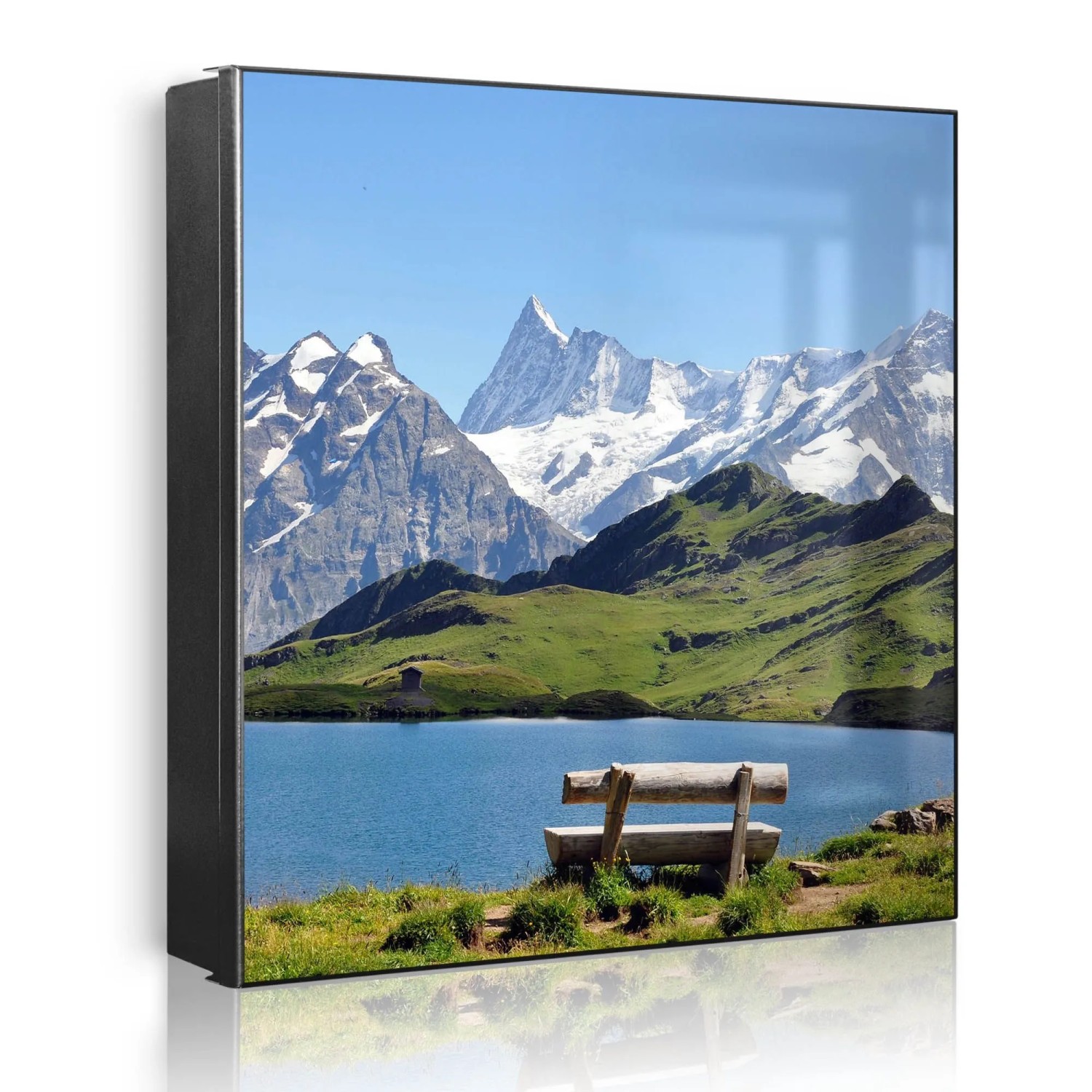 Banjado Großer Schlüsselkasten Metall 30x30cm Schwarz Scharnier Links 50 Haken Beschreibbar Magnetisch Motiv Alpen