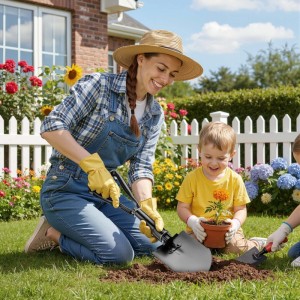 Frau und Kinder nutzen Wiltec Klappspaten im Garten. Robuste Klappschaufel für Outdoor, Camping und Gartenarbeit.
