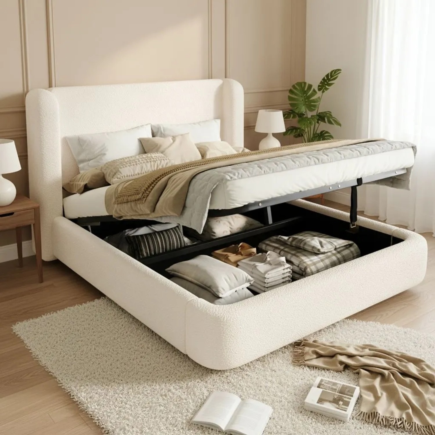 Merax Polsterbett 160 x 200 cm mit Stauraum Lattenrost Bouclé Beige