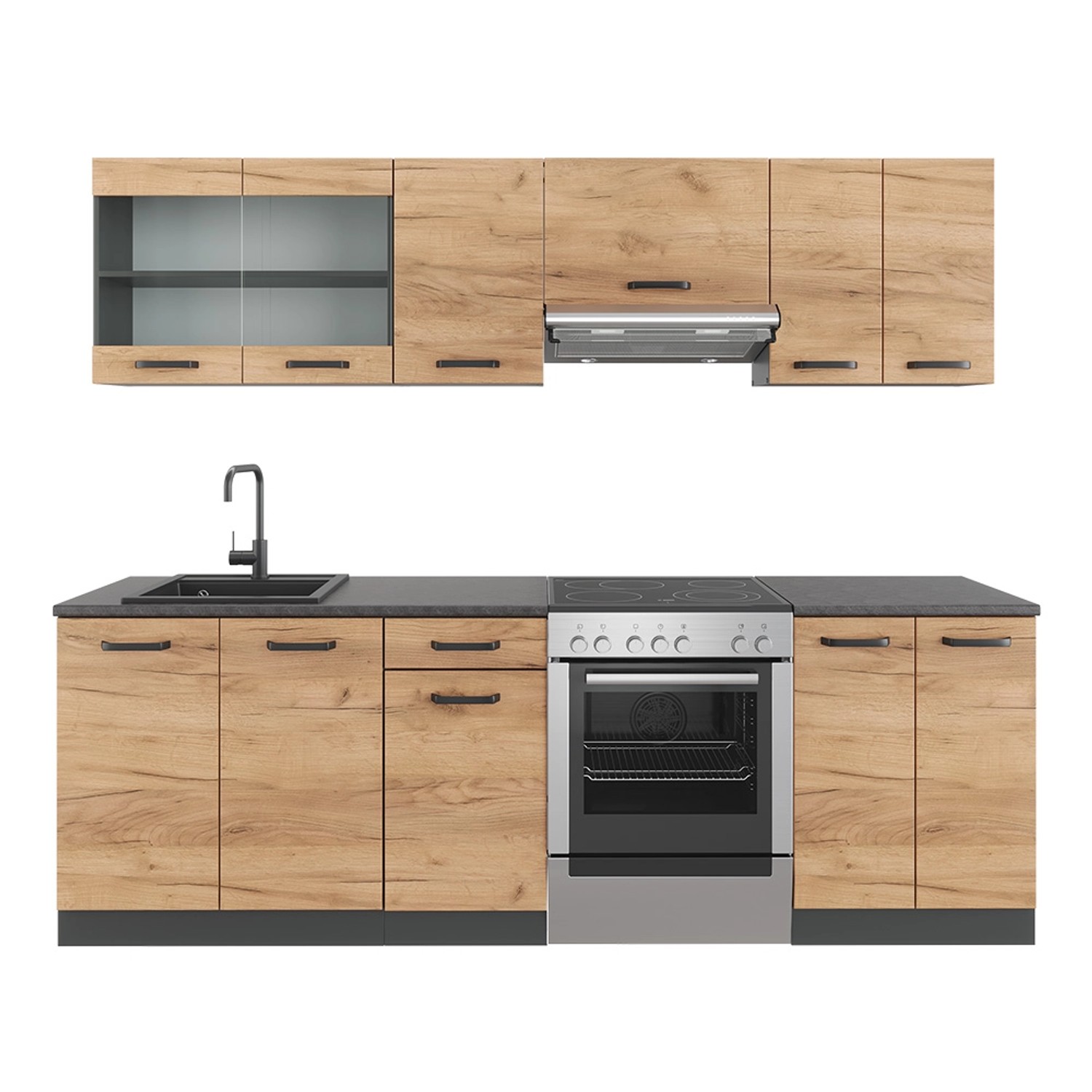 Vicco Raul Küchenzeile Goldkraft Eiche/Anthrazit 240 cm AP Schwarz gemuster günstig online kaufen