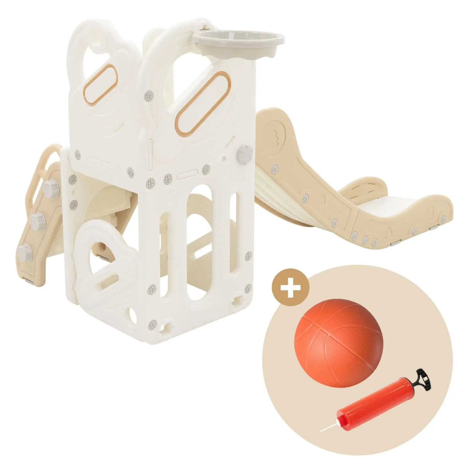 Joyz Kinderrutsche 3in1 mit Turm, Basketballkorb, weiß-beige, aus Kunststoff. Spielturm für Kinder.