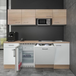 Flex-Well Büroküche Florida 210 cm in Weiß und Sonoma Eiche mit E-Geräten.