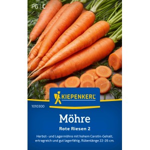 Kiepenkerl Möhren Rote Riesen 2, lange rote Wintermöhren mit Grün und Möhrenscheiben.