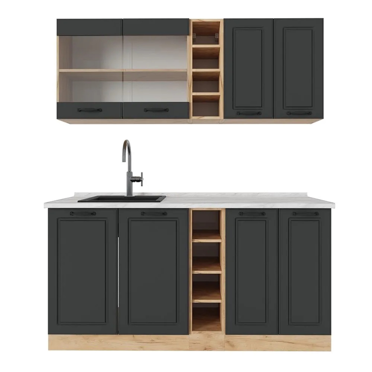 Vicco R-Line Singleküche Anthrazit Landhaus Goldkraft Eiche 160 cm AP Marmor ohne E-Geräte