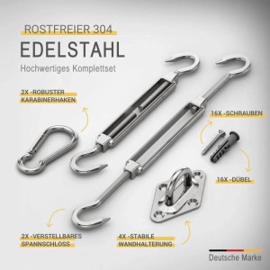 Sol Royal Befestigungsset für Sonnensegel: Edelstahl-Set mit Karabinerhaken, Spannschloss, Schrauben und Dübel.
