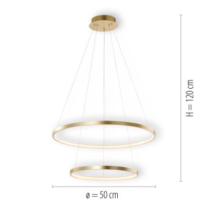 Moderne LED Pendelleuchte Circle Gold, zwei goldfarbene Ringe, Durchmesser 50 cm.