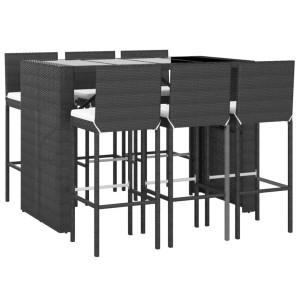 7-tlg. Gartenbar-Set von vidaXL aus schwarzem Poly Rattan mit Tisch, 6 Hockern und cremefarbenen Kissen.