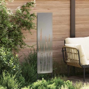 Silberner vidaXL Garten Sichtschutz aus Stahl mit dekorativen Aussparungen im Gras-Design.