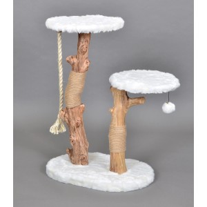 Weißer Dobar Kratzbaum Holly mit Naturstämmen und Juteseil, zwei Liegeflächen.