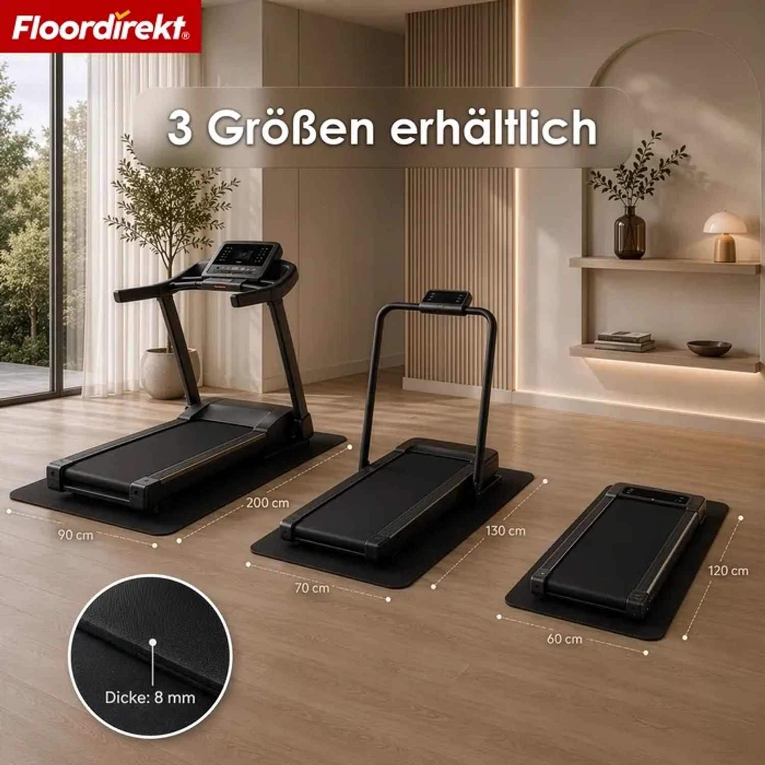 Floordirekt Bodenschutzmatten Sparta in drei Größen unter Fitnessgeräten.