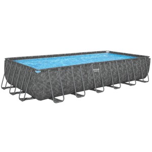 Rechteckiger Bestway Frame Pool in Marmor-Optik mit blauem Wasser und stabilem Stahlrahmen. Winterfester Stahlrahmen Pool.