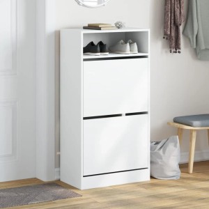 Weißer vidaXL Schuhschrank (60x34x116 cm) aus Holzwerkstoff mit zwei Klappen und Ablage.