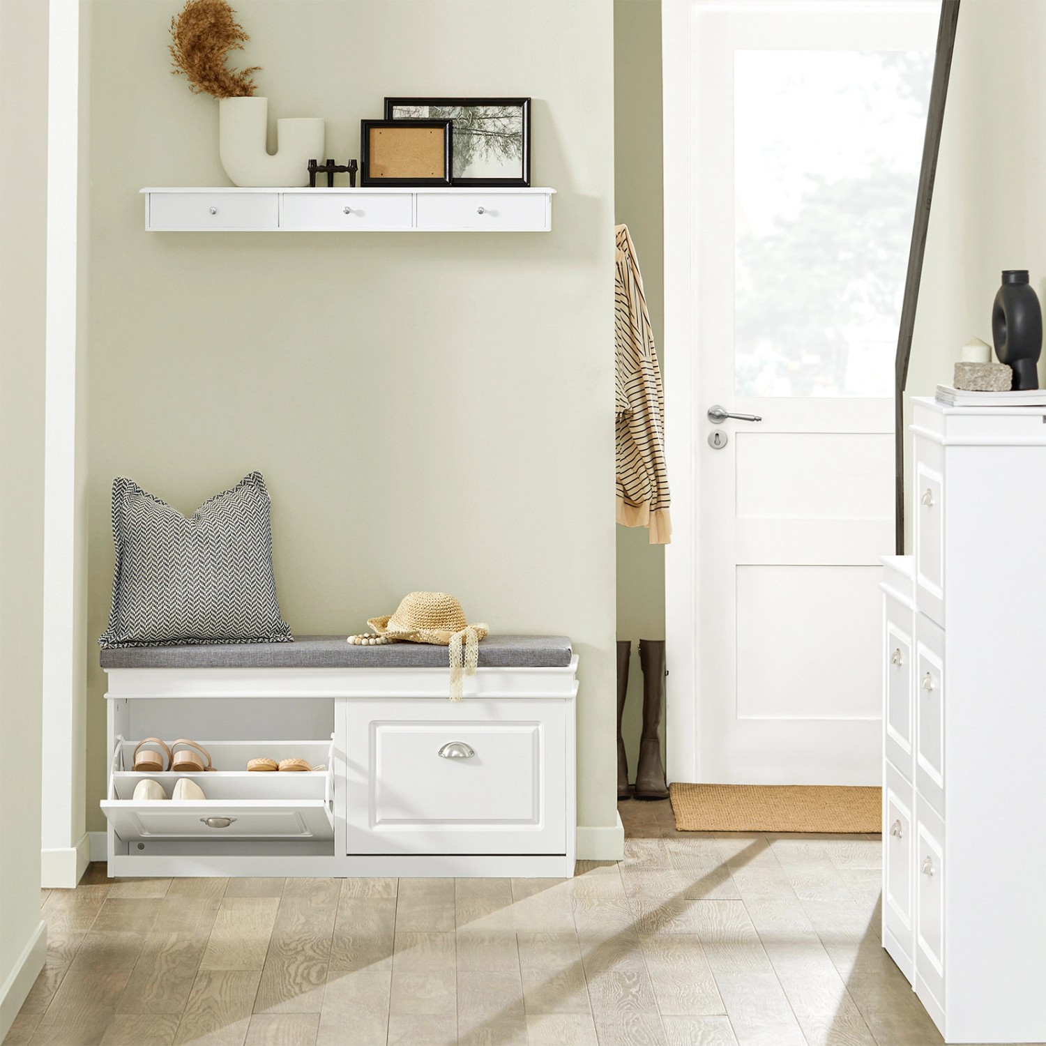 SoBuy Schuhbank FSR64-W mit zwei Schuhklappen, weißes MDF, 104 cm breit.